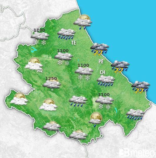 Meteo Abruzzo. Perturbazione in transito con piogge, temporali, neve in abbassamento di quota e temperature in calo. Migliora gradualmente nel weekend
